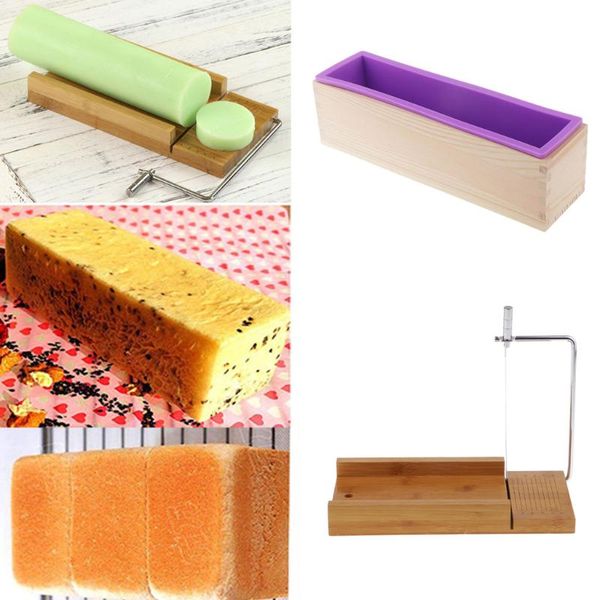 

craft tools 2pcs soap loaf cutter making tool kit, wooden mold with wire slicer + 900ml silicone mould