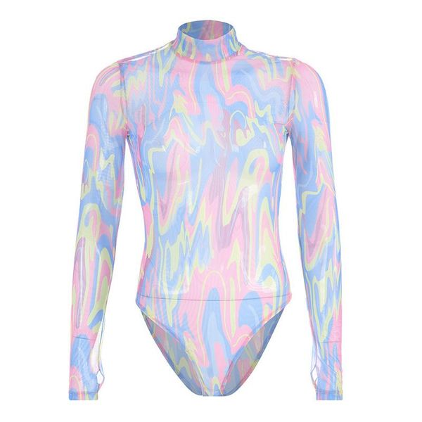 

body mechanics clothing bodycon long sleeve bodysuit women print mesh high neck playsuit 2021 summer streetwear rompers womens jumpsuit, Black