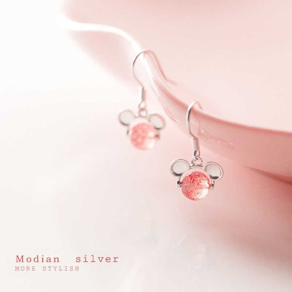 

925 sterling silver cute small mouse pink crystal dangle earring for women fashion animal hook jewelry 210707