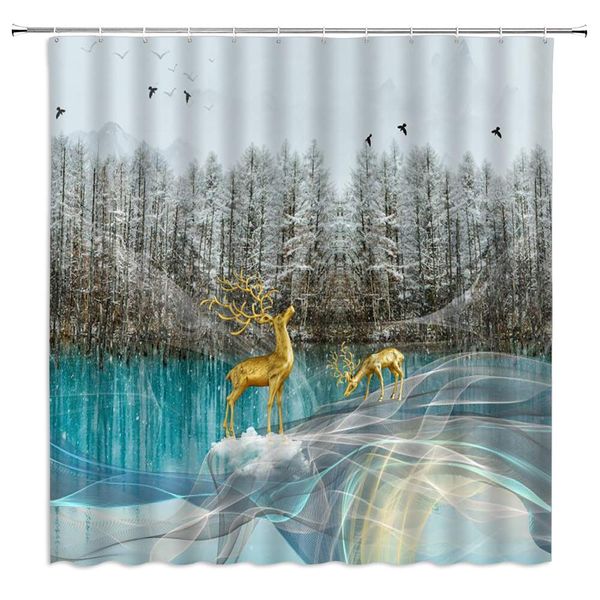 

forest deer shower curtain fantasy natural beauty winter cedar forest birds deer on natural lake ice,70x70 inch polyester fabric
