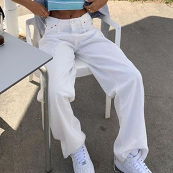 

women's jeans white woman high waist overalls patchwork fashion baggy straight blue denim cargo pants y2k trousers streetwear