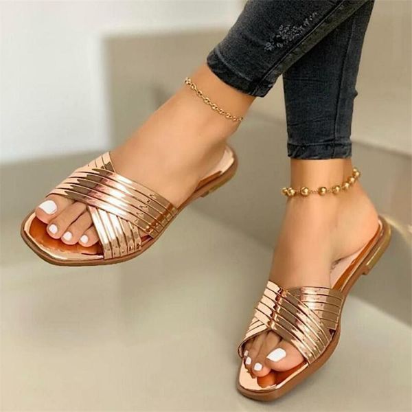 

slippers plus size 43 ladies beach summer shoes 2021 women slip on bling gold flat slides outdoor female casual sandals, Black