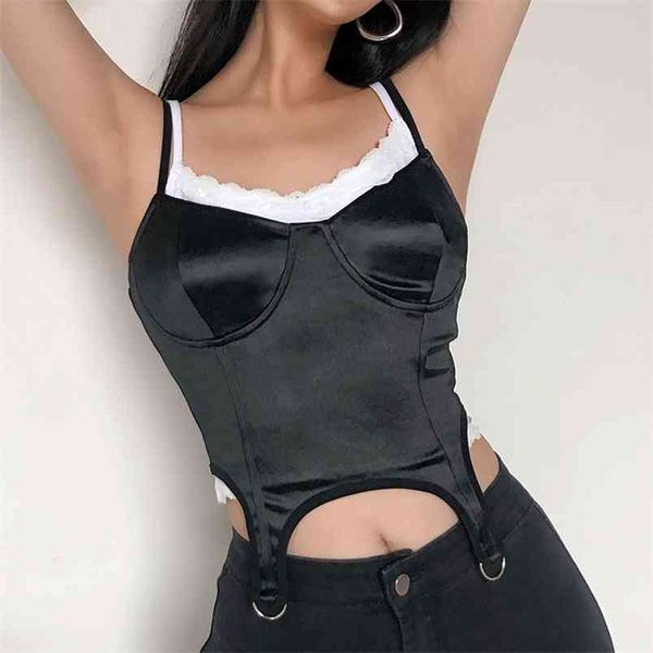 Black White Patched Lace Spaghetti Strap Gothic Crop Top Mulheres Verão Basta Streetwear Feminino Streetwear sem mangas Camis Bustier 210510