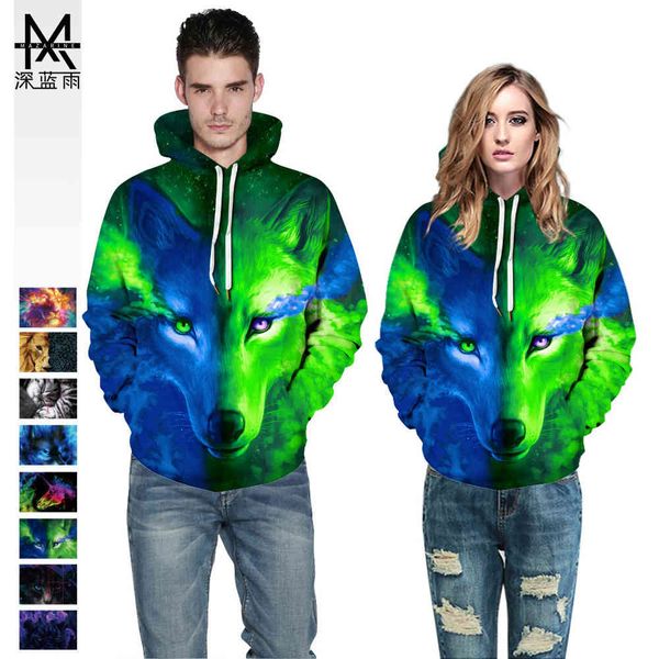 

2021 autumn winter hoodie wolf digital print casual women's dress oversize loose sweater, Blue;black