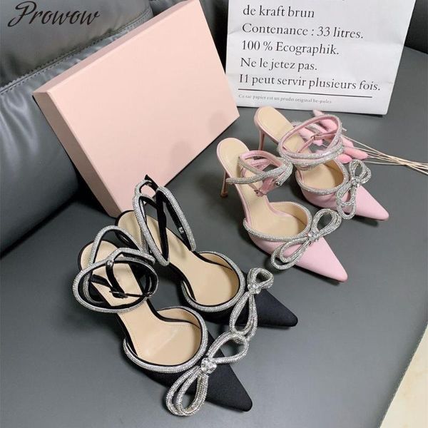 

dress shoes prowow sandals women high heels pumps crytal butterfly-knot ankle strap ladies party wedding, Black