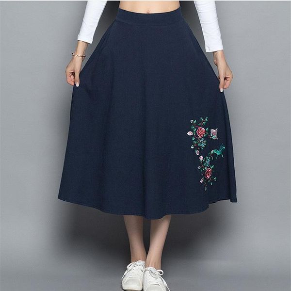 

skirts skirt spring autumn women national wind cotton linen embroidery floral solid color elastic waist loose casual, Black