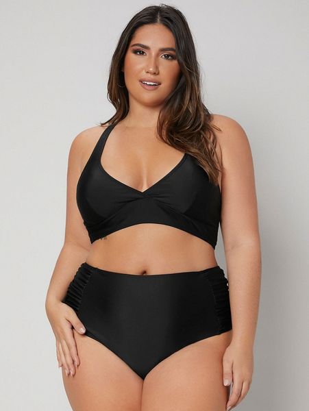 

plus solid ruched high waisted bikini swimsuit 56uc#, Black