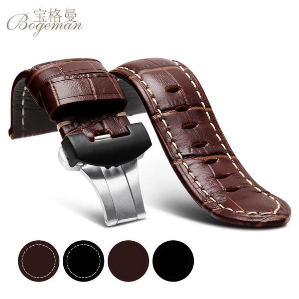 

watch bands pam black genuine leather strap band for butterfly buckle watchband 22mm 24mm 26mm, Black;brown