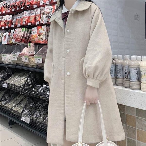 

women's wool & blends winter women woolen coats sweet preppy style trendy loose pearl buttons lantern sleeve kawaii jk heart-pocket coa, Black