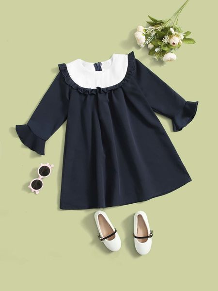 

toddler girls frill trim bell sleeve dress she, Red;yellow
