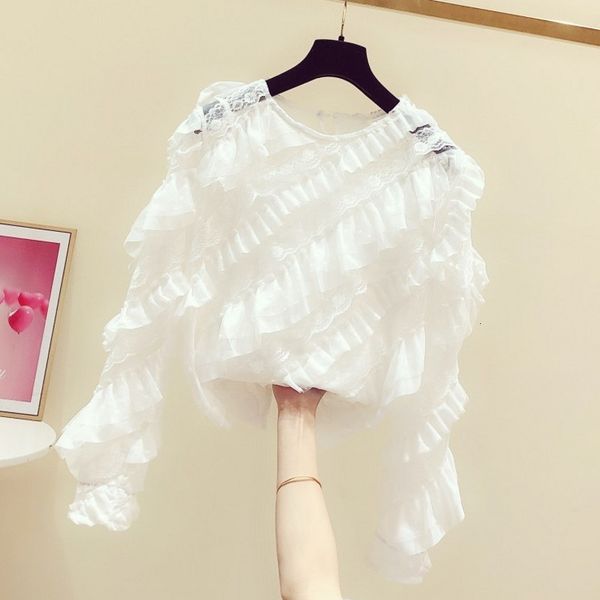 

blouses spring mesh lace ruffle round-neck long-sleeve shirt women's casual super fairy blouses blusa feminina blusas, White