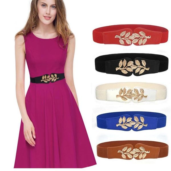 

fashion elastic metal leaf buckle belts for women dress accessories retro waistband blue pink white black belt, Black;brown