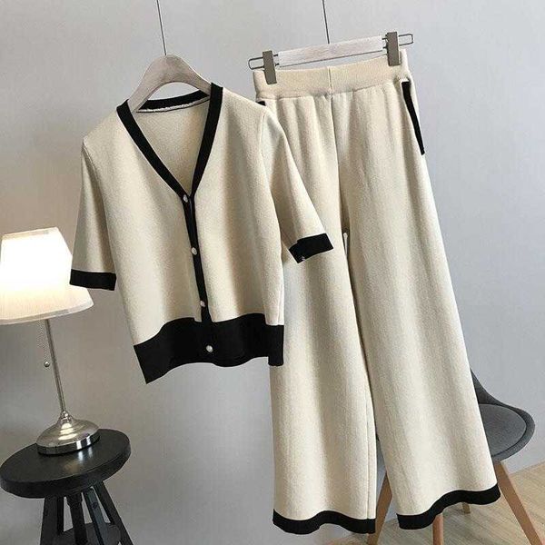

spring knitted tracksuit women knitted sets two piece set v-neck short sleevewide leg pants casual suit outfits wild 210610, White