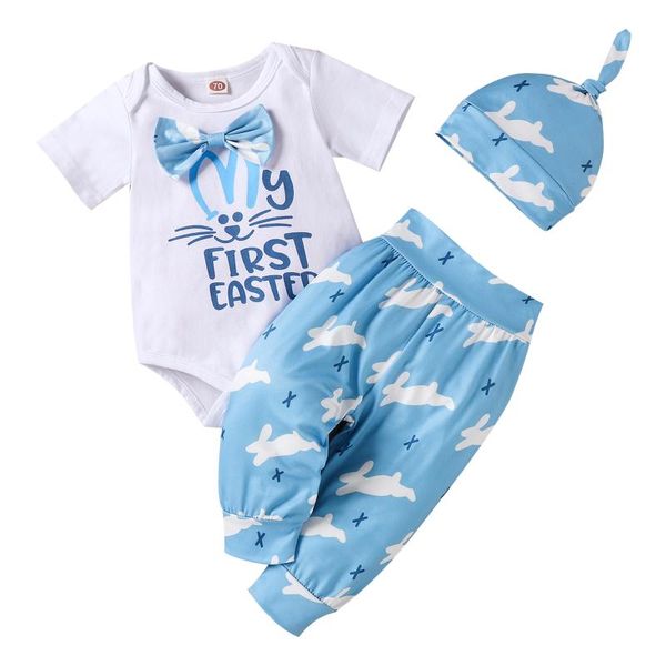 

clothing sets pudcoco 2021 easter baby boy 3pcs set bow first letter print short sleeve bodysuit+sky blue pants+hat toddler clothes, White
