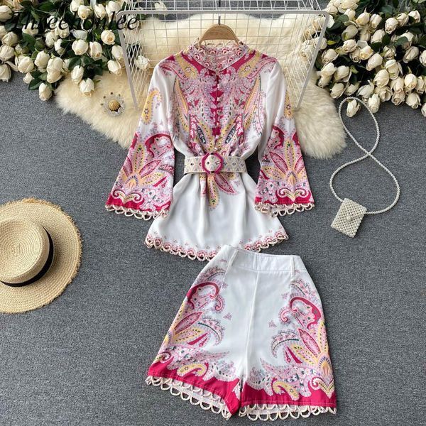 

women's tracksuits fashion two piece set for women vintage printed blouse shirt and high waist shorts elegant office suit female outfit, Gray