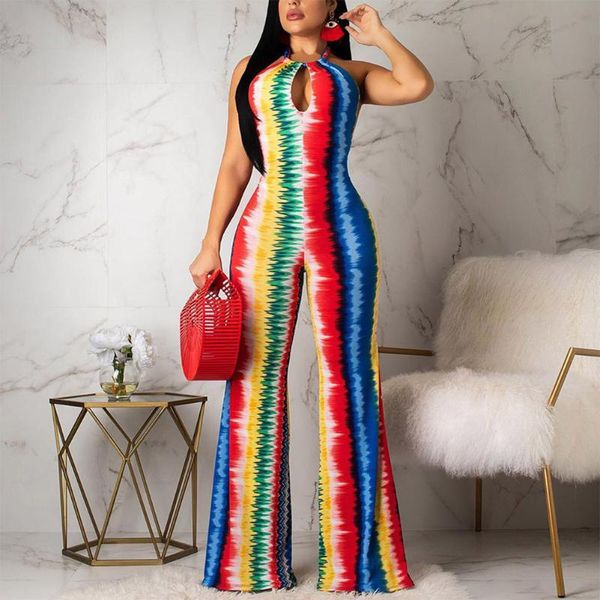 

women's jumpsuits & rompers fadzeco women stripe print jumpsuit halter neck backless high waist wide leg long pants romper clubwear, Black;white