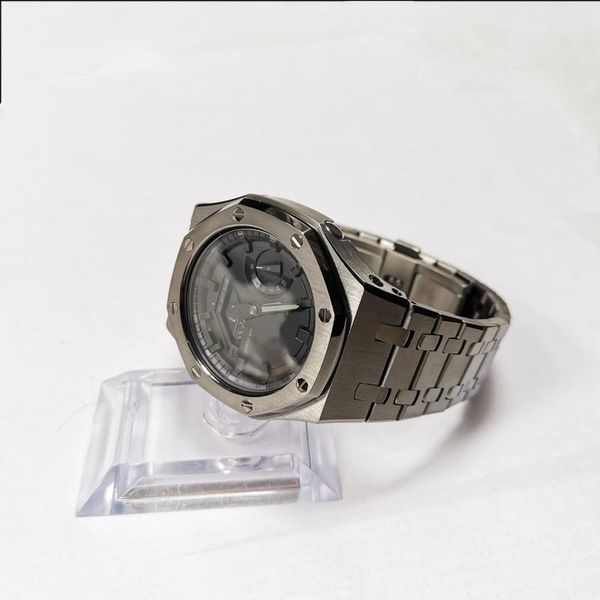 

watch bands grey watchband bezel for ga-2100 ga-2110 3rd update generation ga2100 316l stainless steel band with tools and screws, Black;brown