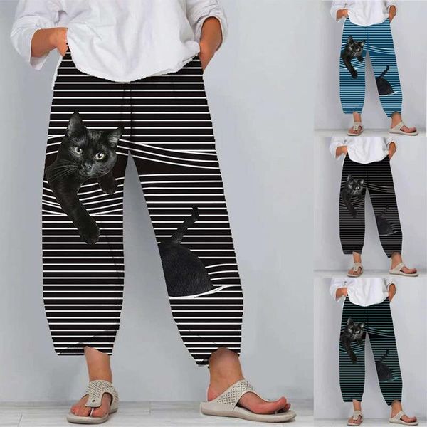 

sweatpants sports casual wide leg women capris printed cartoon elastic waist joggers oversized streetwear 3d trousers x0052, Black;white