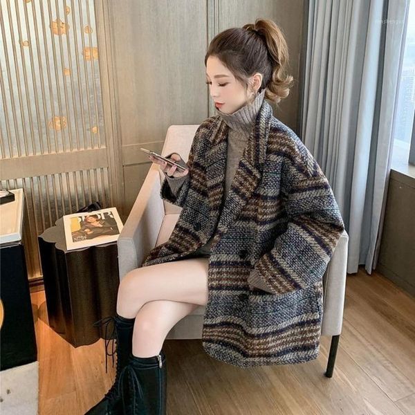 

women's wool & blends fashion plaid blend coat women 2021 autumn winter warm woolen coats korean jacket female long overcoat, Black