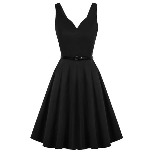 

summer women dresses elegant retro v-neck dress with belt sleeveless u-back flared vintage knee length a-line cotton casual, Black;gray