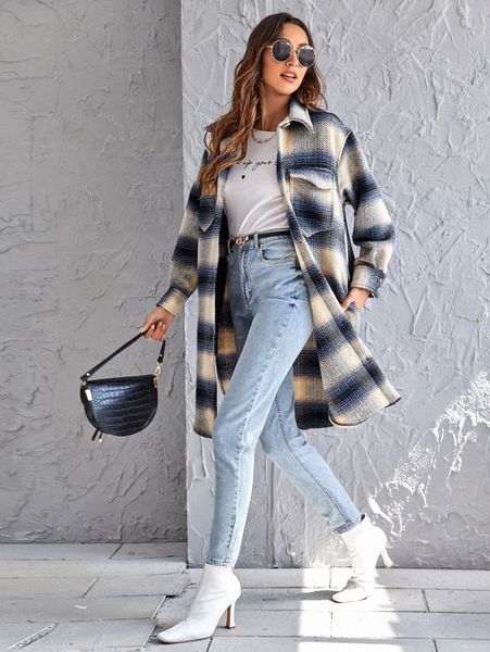 

plaid flap pockets button front overcoat 22ar#, Black