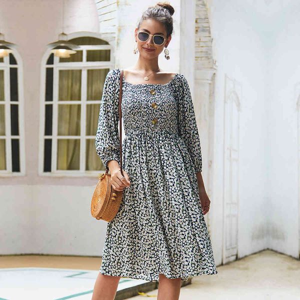 

dresses ladies summer retro square collar print women a-line cotton three quarter sleeve elegant bkn5, Black;gray