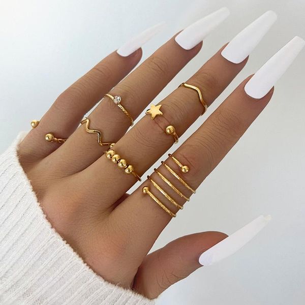 

cluster rings 7 pcs/set vintage crystal gold star for women fashion geometric set party jewelry accessories, Golden;silver