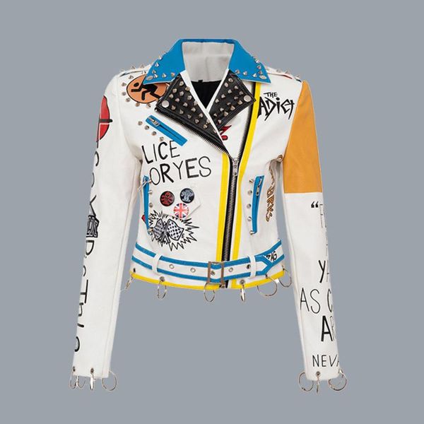 

women's jackets letter print pu jacket coat rivet 2021 autumn winter fashion chic punk motorcycle graffiti zipper hit color outwear, Black;brown