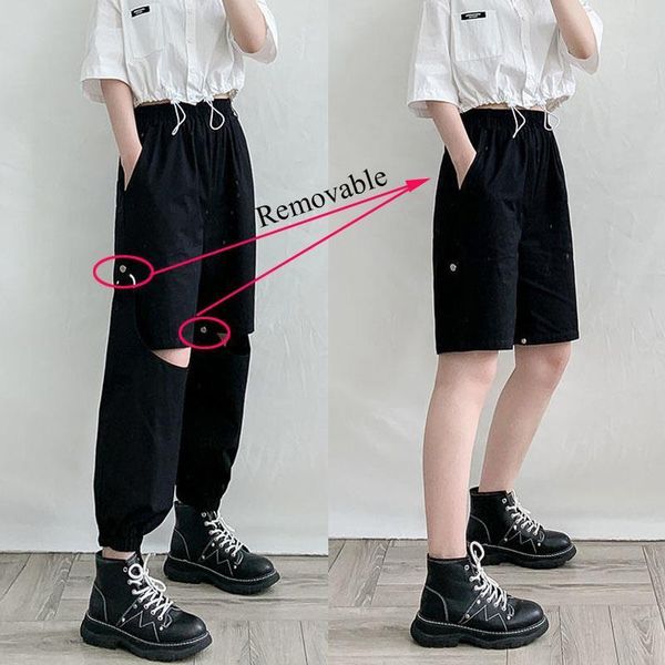 

solid fashion hole cargo removable womens pant two ways to wear casual high waist loose trousers, Black;white