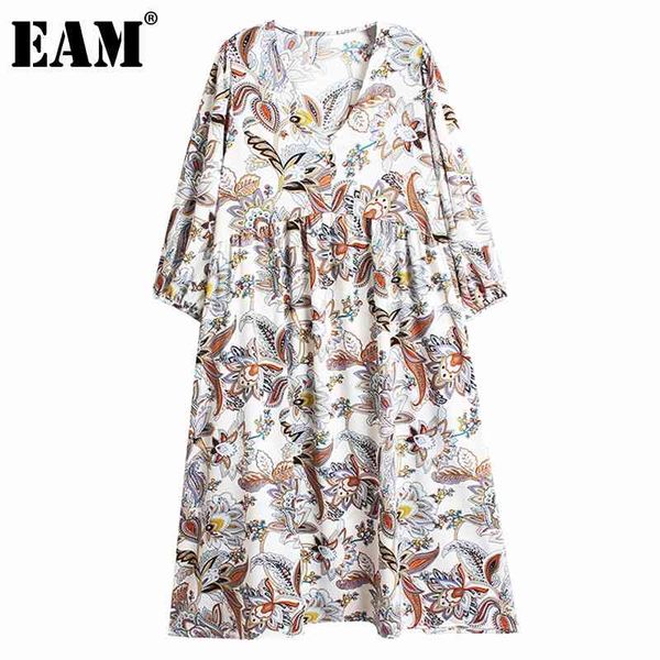 

[eam] women white floral print big size dress v-neck three quarter sleeve loose fit fashion spring summer 1dd7243 210512, Black;gray