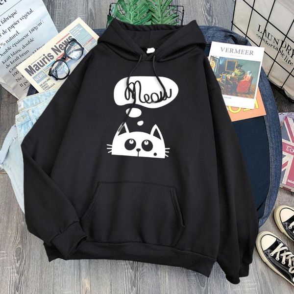 

women's hoodies & sweatshirts cute thinking cat cartoon graphics printed hoodie females oversized casual o-neck young female style, Black