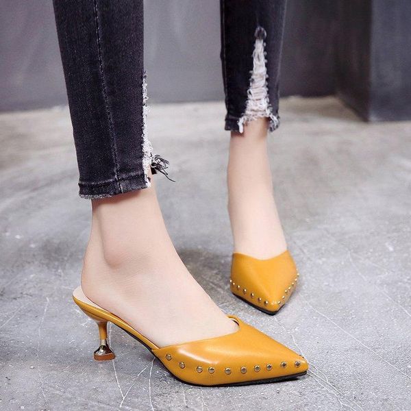 

slippers sandals women summer point toe mules rivet mid-high thin love heels shoes cover, Black