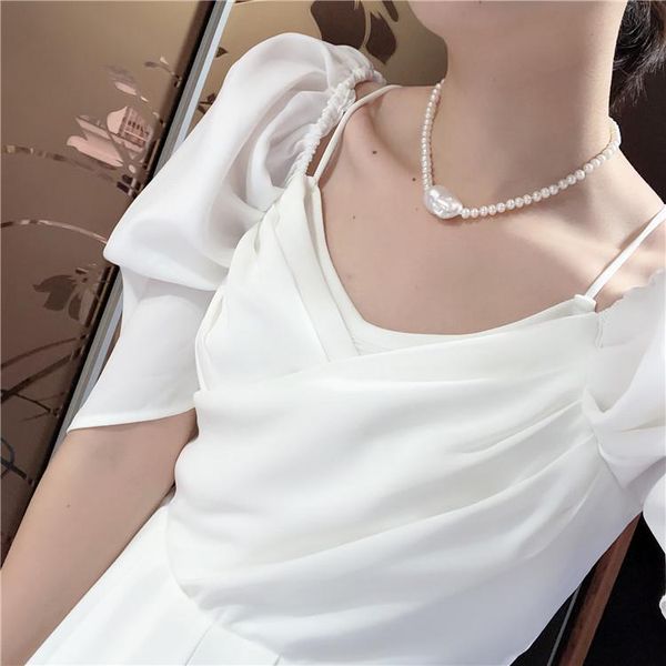 

chains hand knotted 6-7mm white freshwater cultured pearl baroque pendant sweater necklace long 43cm, Silver