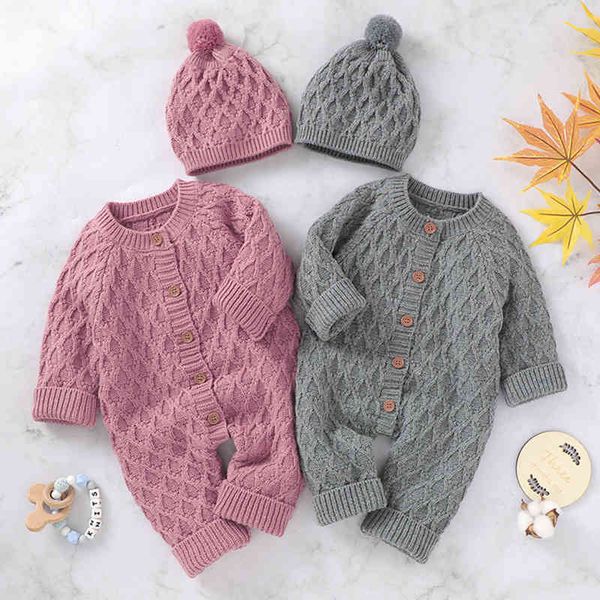 

autumn winter baby boys girls pure color rompers + hat clothes children boy girl kids knitting long sleeve 210429, Blue