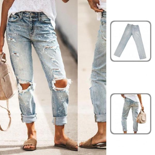 

women's jeans skin-friendly ripped holes women denim zipper button for dating, Blue