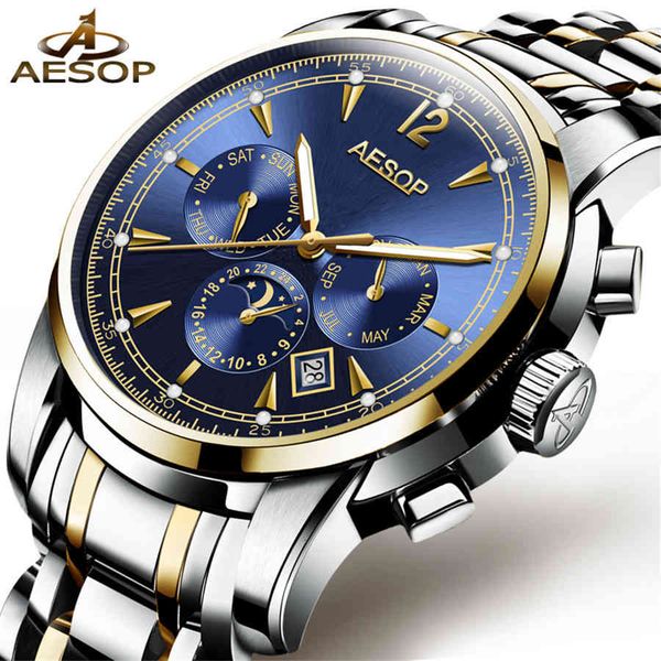 

aesop automatic watches men sapphire blue dial business mechanical self-propelled moon phase calendar clock reloj hombre, Slivery;brown