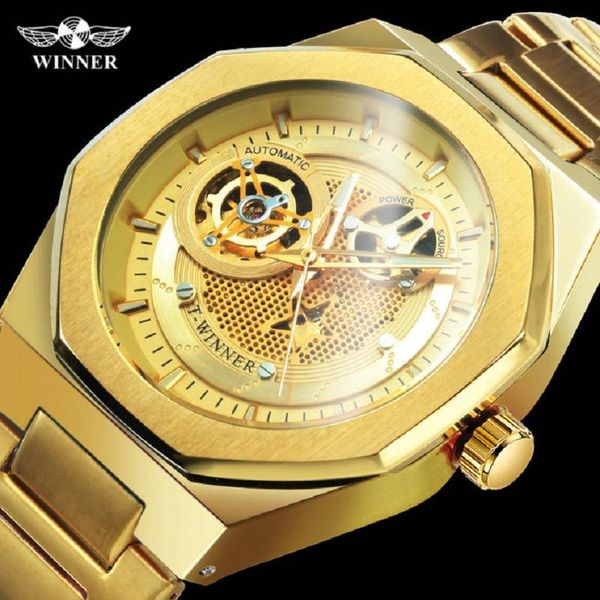 

official luxury automatic watch men skeleton mechanical watches sports business clock golden stainless steel strap wristwatches, Slivery;brown