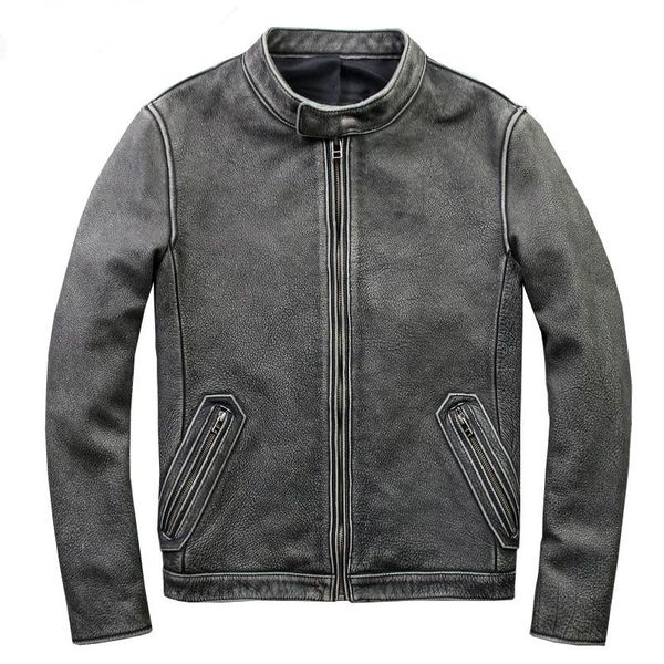 

men's leather & faux genuine cow jacket men short spring retro cowhide coat motorcycle jackets real 805 kj1439, Black