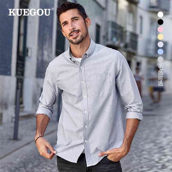 Kuegou 100% Algodão Outono Camisas Homem Oxford Moda Negócio Casual Qualidade Camisa Menu de Manga Longa Vestuário Top Plus Tamanho 20524 210721