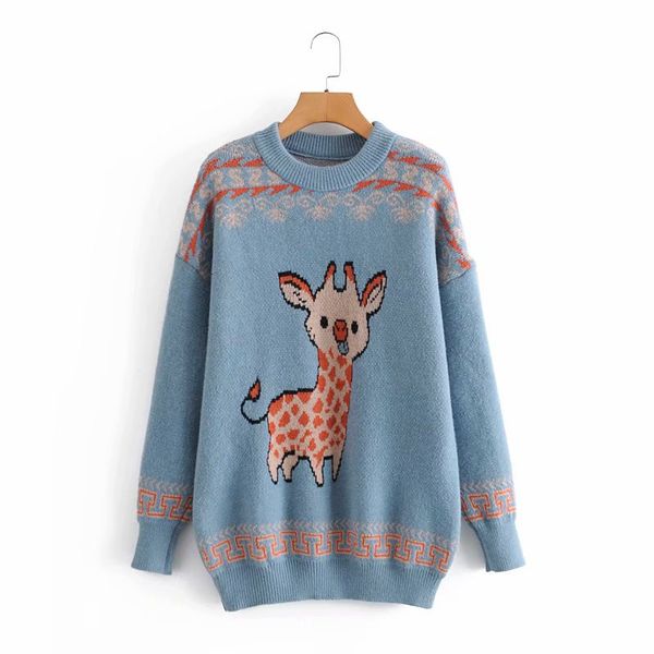 

women's knits & tees women cute cartoon fawn knitted blue autumn pullover female fashion ugly loose sweaters gilr casual jacq, White