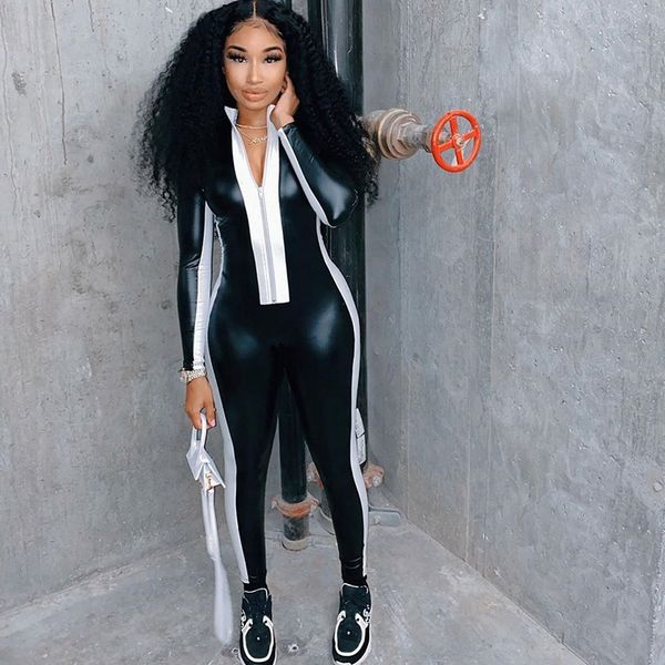 

black pu leather jumpsuit women 2021 front zipper skinny bodycon jumpsuit long sleeve club rompers womens jumpsuit overall, Black;white