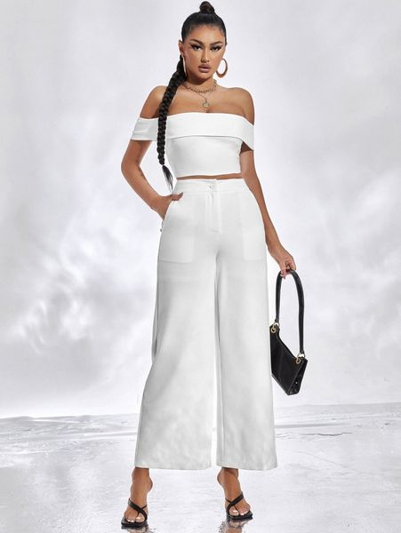 

solid off shoulder crop & pants 60vb#, White