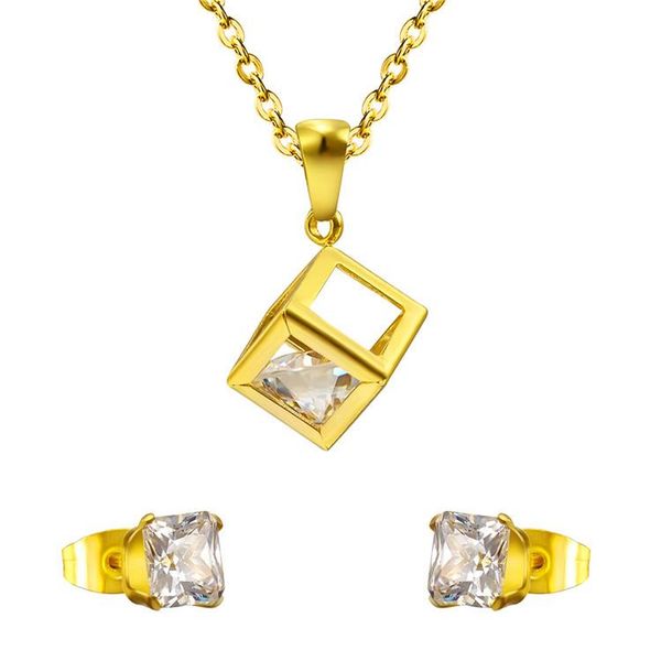 

earrings & necklace luxukisskids zircon square stainless steel dubai wedding african jewelry set gold sets for women, Silver
