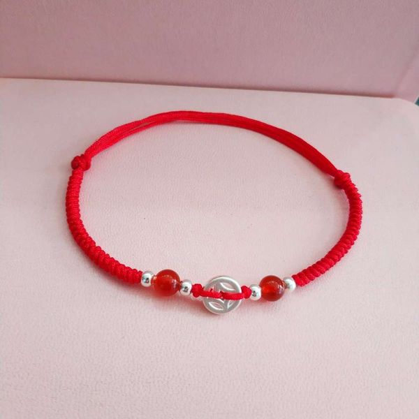 

3d hard silver 999 copper coin transfer beads simple hand woven red rope anklet gift the year of life, Red;blue