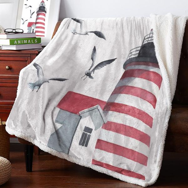 

blankets lighthouse seagull watercolor art white lamb flannel blanket warm soft cashmere sherpa throw on sofa bed bedspread