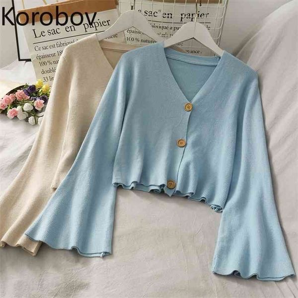 

korobov new summer thin knitted women cardigans korean solid o neck flare sleeve sweaters vintage elegant outwear knitwear 210430, White