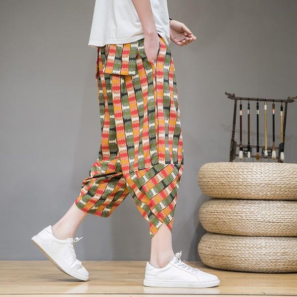 

men's pants 2021 summer casual loose beach trend harlan plaid cropped, Black