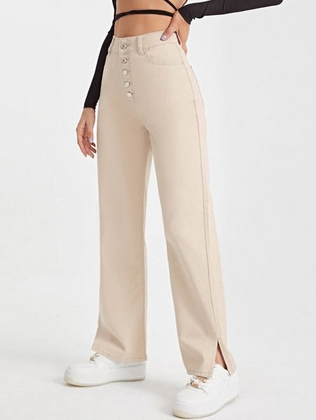 

high waist button front split hem straight leg jeans i9mc#, Blue