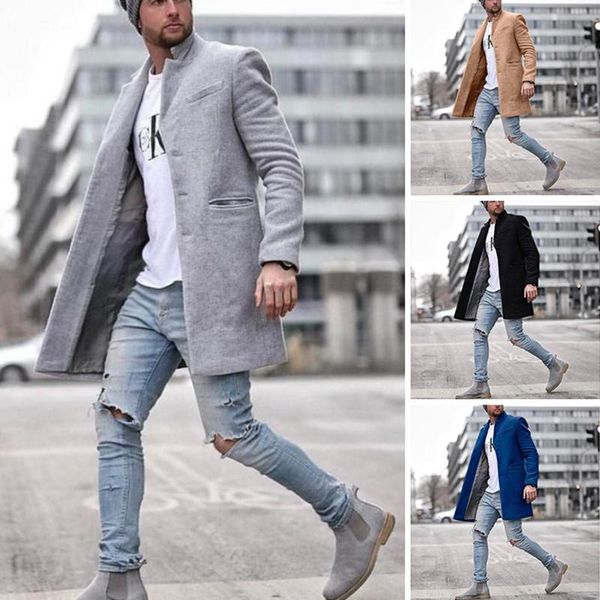 

men's wool & blends trench coat overcoat daily work long notch lapel collar regular fit warm colored classic style gray khaki black