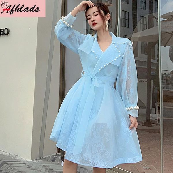 

women's jackets pearl lace spring and autumn outerwear double mesh turn-down collar women coats loose with belt, Black;brown